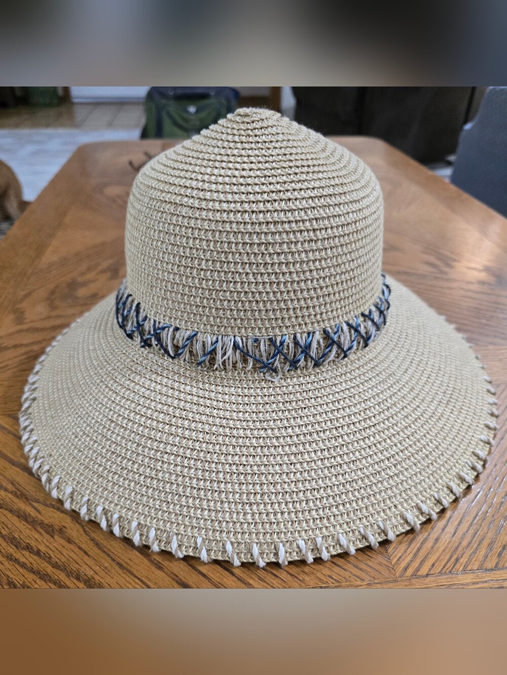 Women's Wide Brim Straw Sun Hat with Navy Stitch Detail